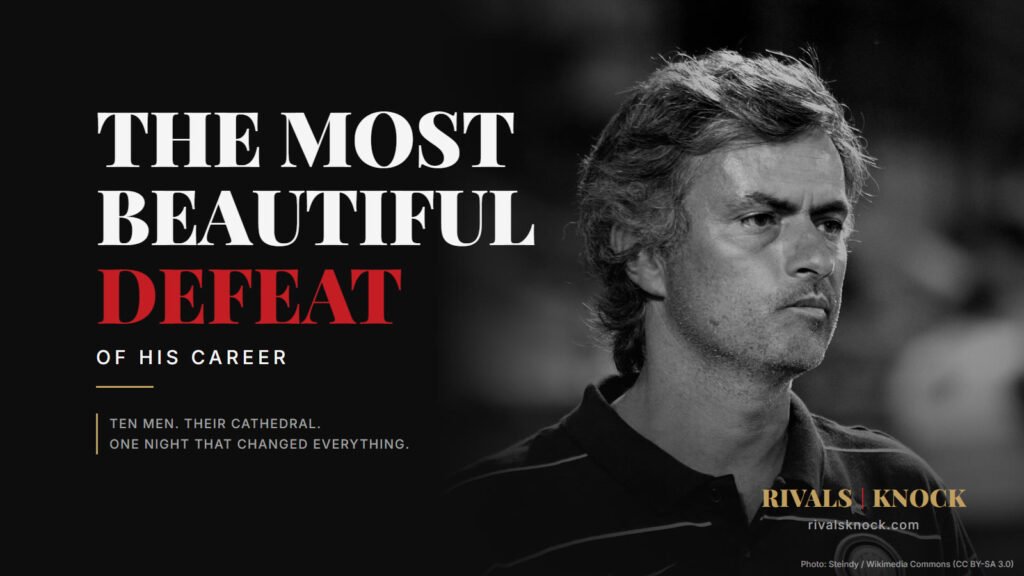Black and white photo of José Mourinho in an Inter shirt beside the words "The most beautiful defeat of his career".