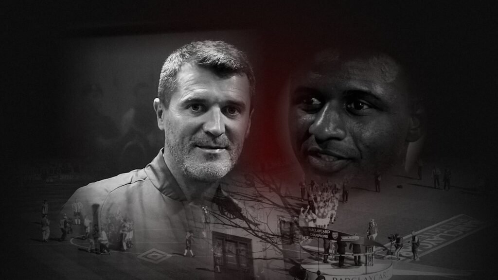 Montage: Roy Keane and Patrick Vieira side by side, with Manchester United celebrating the 1999 FA Cup at Wembley, Arsenal's 2004 trophy day and the front of Highbury behind them.