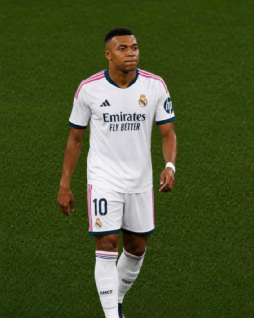 Kylian Mbappé walking on the pitch in a white Real Madrid shirt with the number 10 on his shorts.