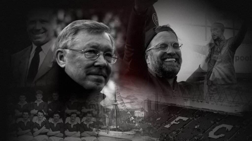 Montage: Alex Ferguson and Matt Busby with the 1957 Busby Babes, Jürgen Klopp and the Bill Shankly statue with the Kop, and the 1894 opening of the Manchester Ship Canal between them.