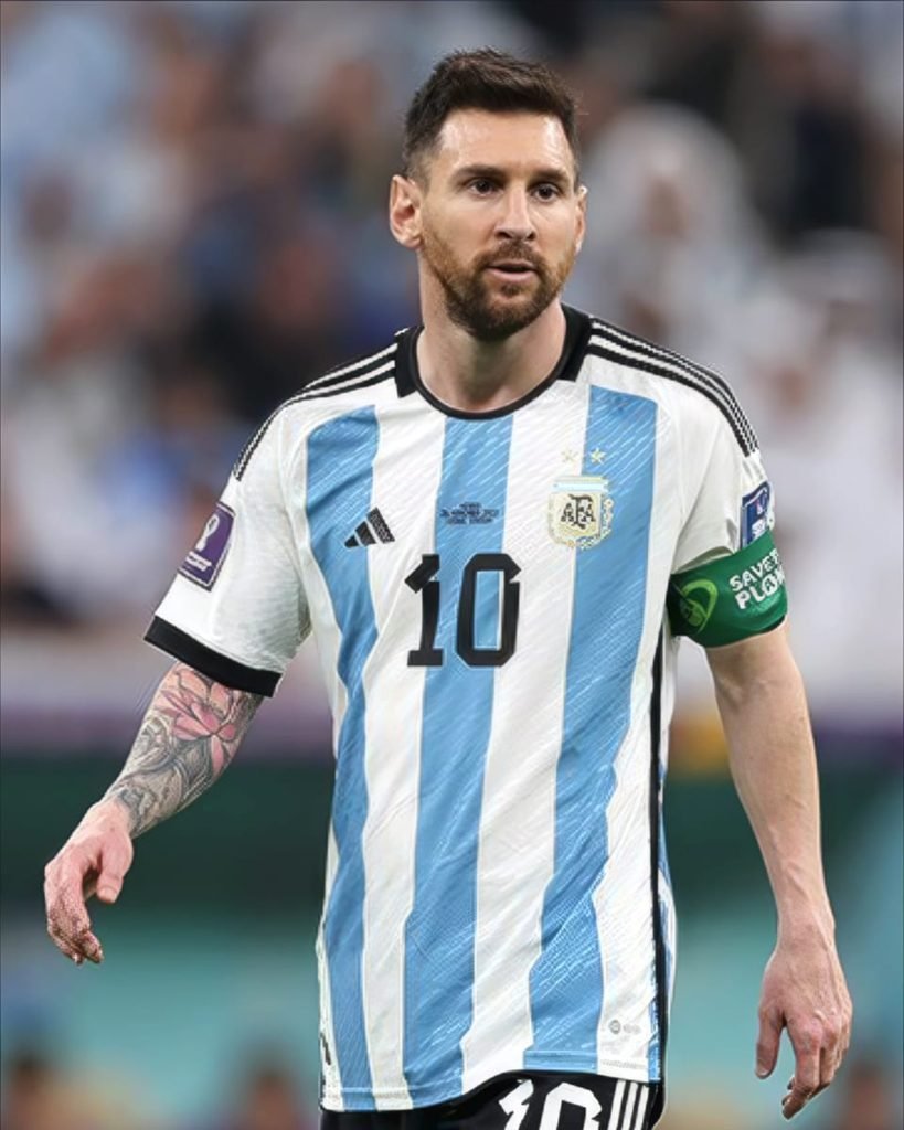 Lionel Messi in the blue and white Argentina shirt with the captain's armband at the 2022 World Cup.