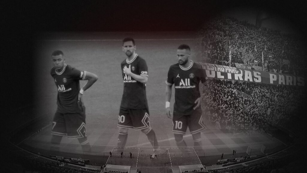 Montage: Kylian Mbappé, Lionel Messi and Neymar in PSG shirts, with the Collectif Ultras Paris stand and the Parc des Princes at night behind them.